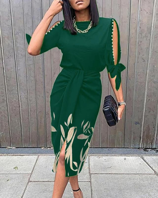Damen Wickelkleid mit dekorativen Ärmeln und floralem Saum EB