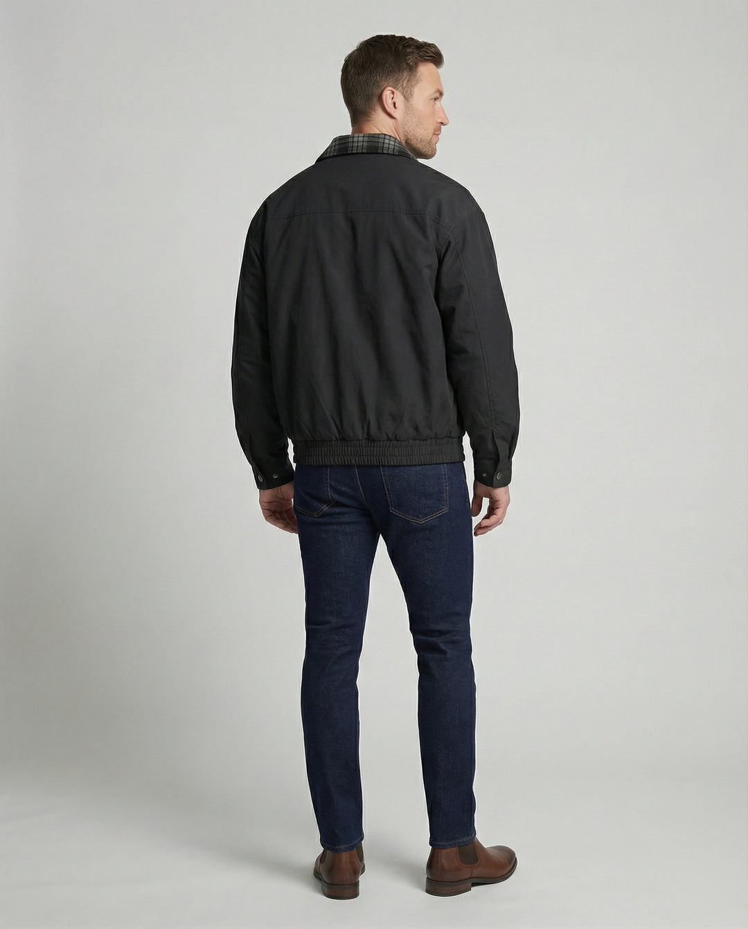 Herren gefütterter Blouson mit kariertem Innenfutter Hemdkragen Elastischer Saum und Druckknopfverschluss EB