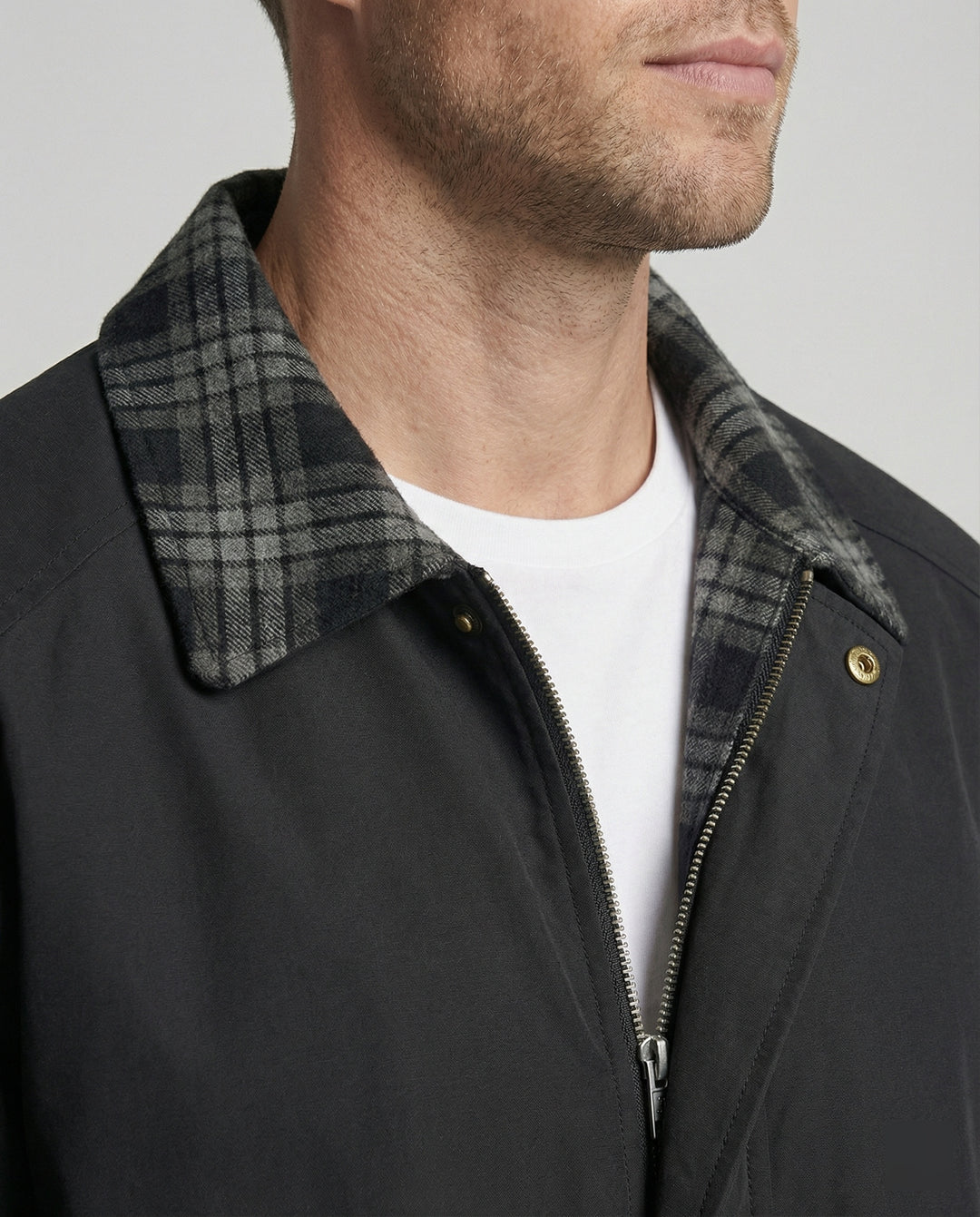Herren gefütterter Blouson mit kariertem Innenfutter Hemdkragen Elastischer Saum und Druckknopfverschluss EB