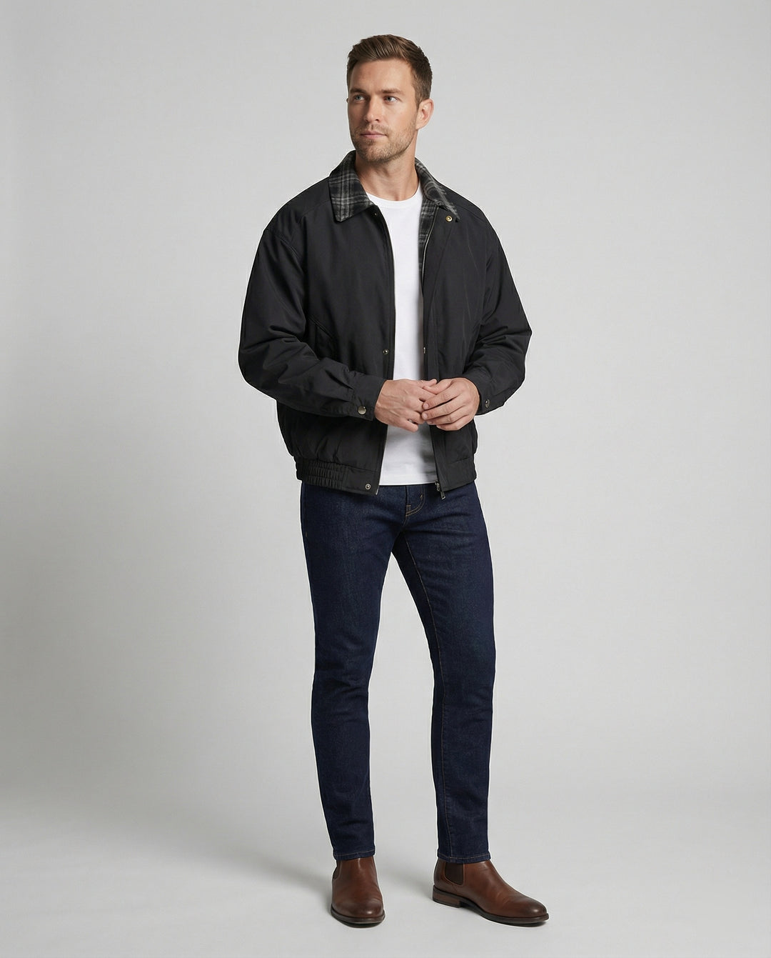 Herren gefütterter Blouson mit kariertem Innenfutter Hemdkragen Elastischer Saum und Druckknopfverschluss EB