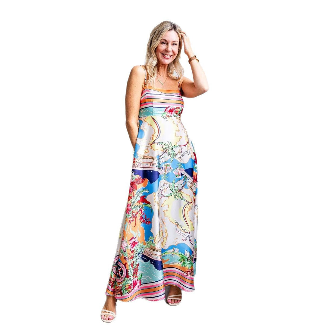 Damen Sommerliches Maxikleid mit auffälligem Grafikdesign und Spaghettiträgern EB