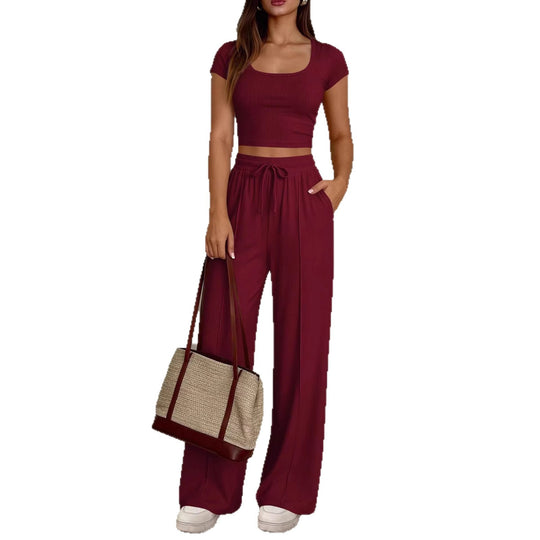 Damen lässiges Cropped-Top und weite Hose Set EB