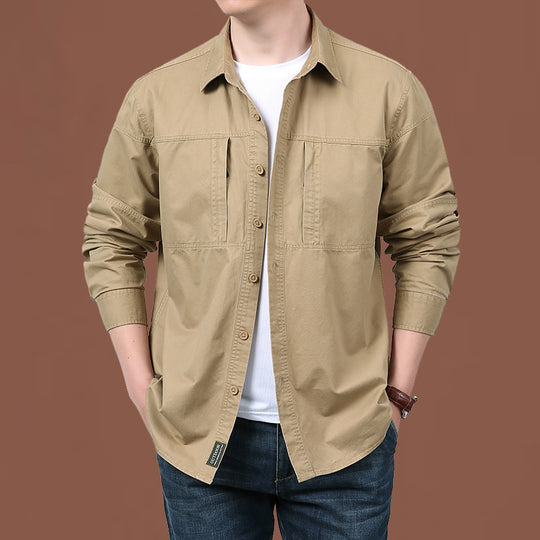 Herren nan leichtes Baumwoll-Utility-Overshirt mit zwei verdeckten Brusttaschen und klassischem Kentkragen EB
