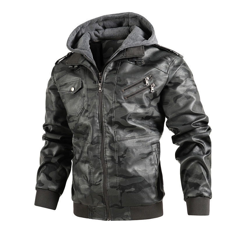 Herren Kunstlederjacke mit abnehmbarer Kapuze und multifunktionalen Taschen EB