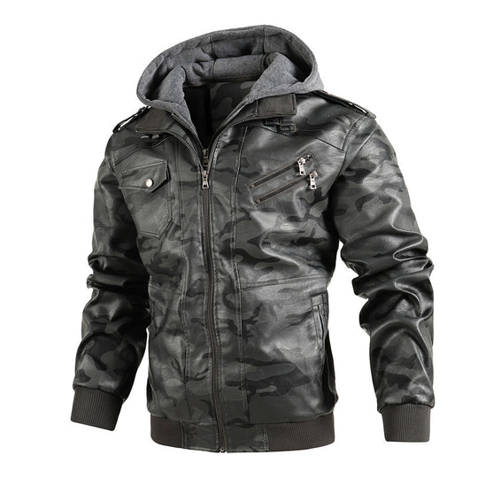 Herren Kunstlederjacke mit abnehmbarer Kapuze und multifunktionalen Taschen EB