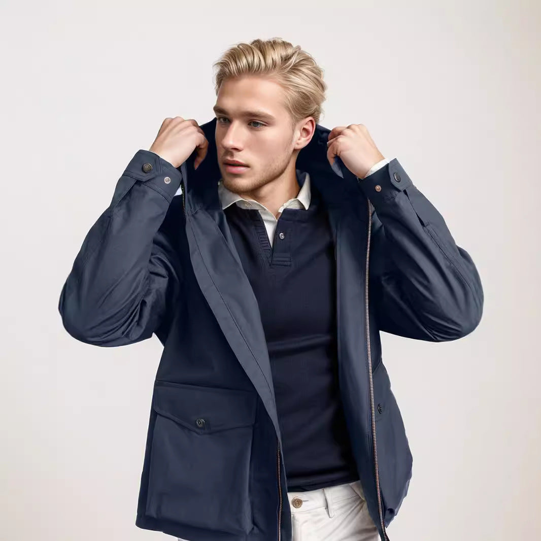 Herren strapazierfähige Multifunktionsjacke mit verstellbarem Kapuzenkragen und großzügigen Taschen EB