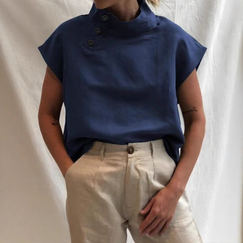 Damen moderne Bluse mit Stehkragen und eleganten Knopfdetails EB