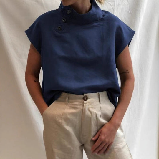 Damen moderne Bluse mit Stehkragen und eleganten Knopfdetails EB