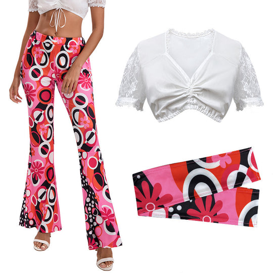 Damen nan Retro Schlaghose mit weitem Bein Blumenprint und Spitzen-Crop-Top Set EB