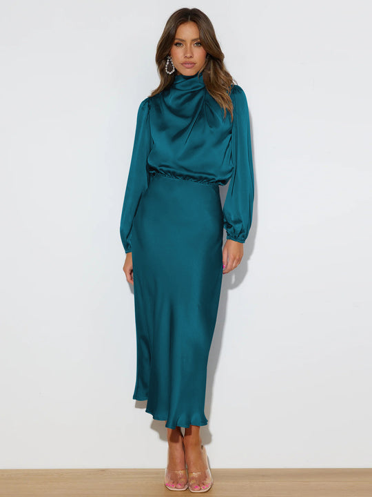 Damen Satin-Maxikleid mit hohem Kragen und Raffungen EB