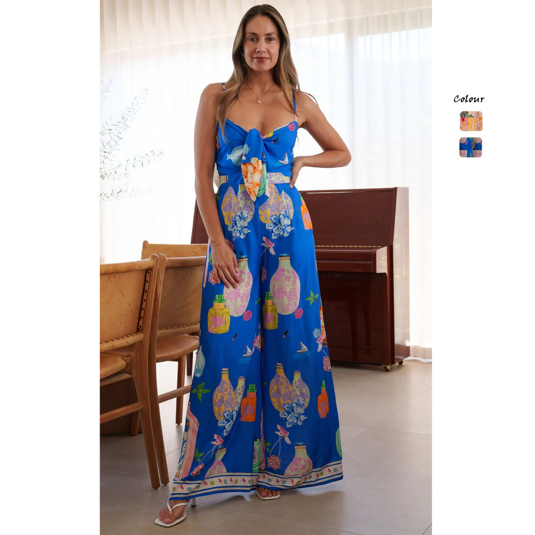 Damen langes Sommerkleid mit verspieltem Dekolleté und buntem Muster EB