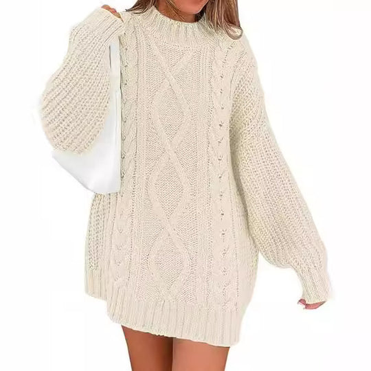 Damen Grobstrick Pulloverkleid mit asymmetrischem Saum und Zopfdesign EB