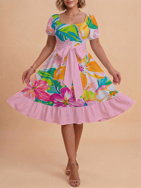 Damen Sommerkleid mit floralem Puffärmel und taillierbarem Gürtel EB