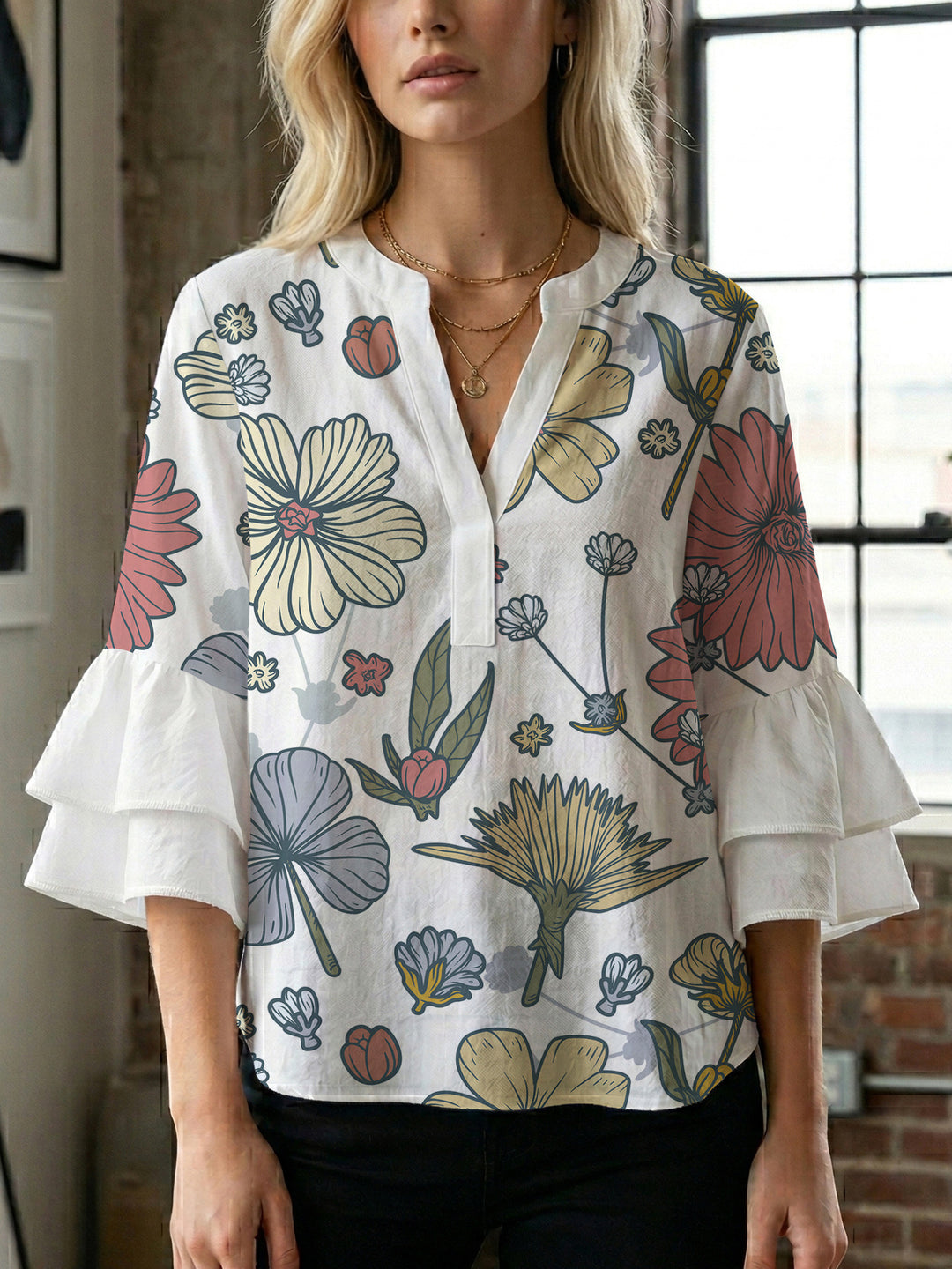 Damen kunstvolles Oberteil mit Rüschensleeves EB