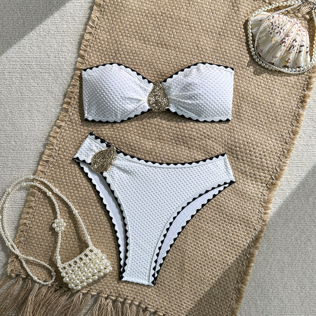 Damen Bandeau-Bikini mit metallischen Akzenten und Raffungen EB