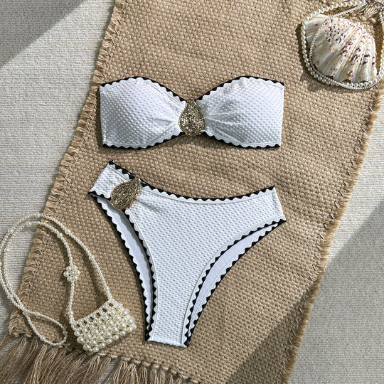 Damen Bandeau-Bikini mit metallischen Akzenten und Raffungen EB