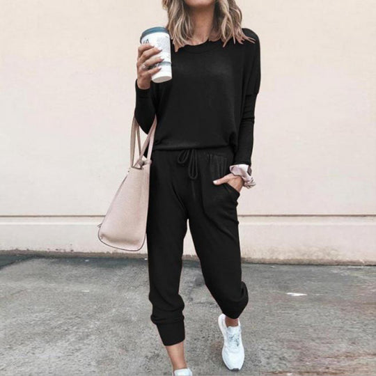 Damen Lässiges Lounge-Set mit Rundhalsausschnitt, Kordelzug-Hose und Bündchen EB