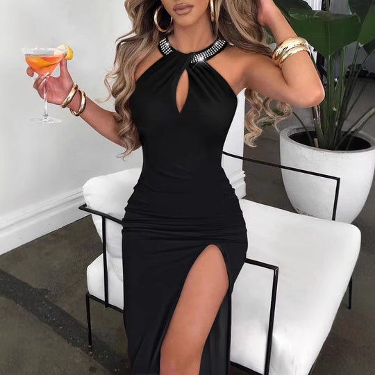 Damen Elegantes Schlauchkleid mit Strassdetails und sexy Beinschlitz EB