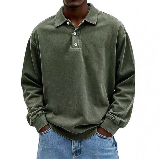 Herren nan lässiges Poloshirt-Sweatshirt mit Kragen, Vintage-Waschung und dreiteiliger Knopfleiste EB