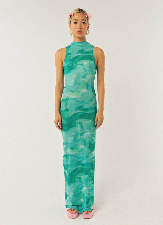 Damen elegantes Maxikleid mit hohem Kragen und fließendem Schnitt EB