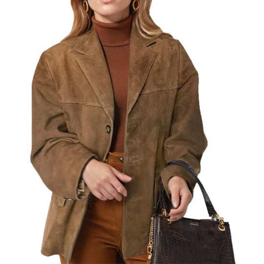Damen nan weit geschnittene Wildlederjacke mit Reverskragen und aufgesetzten Taschen EB