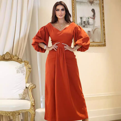 Damen Elegantes Maxikleid mit voluminösen Ärmeln und taillierter Drapierung EB