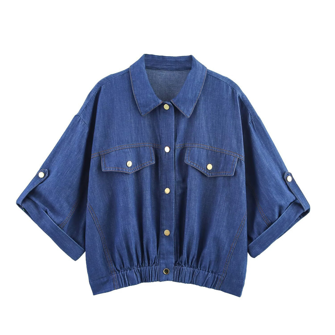 Damen lässiges Denim-Set mit Crop-Bluse und elastischen Hosen EB