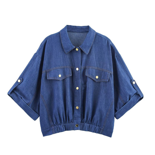 Damen lässiges Denim-Set mit Crop-Bluse und elastischen Hosen EB