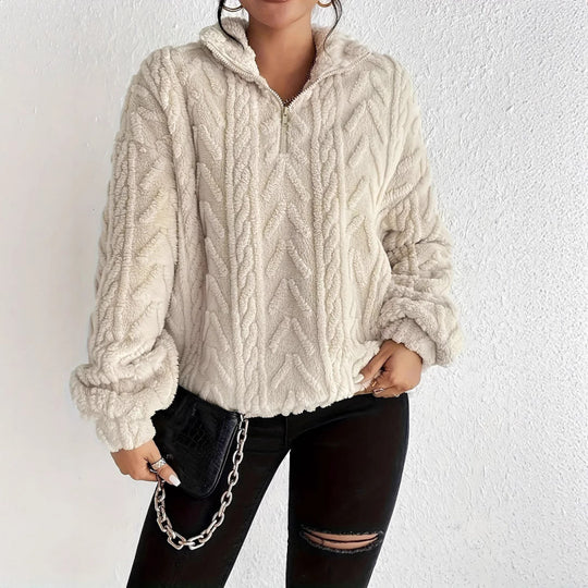 Damen kuscheliger Fleece-Pullover mit hochgeschlossenem Kragen und Reißverschluss EB
