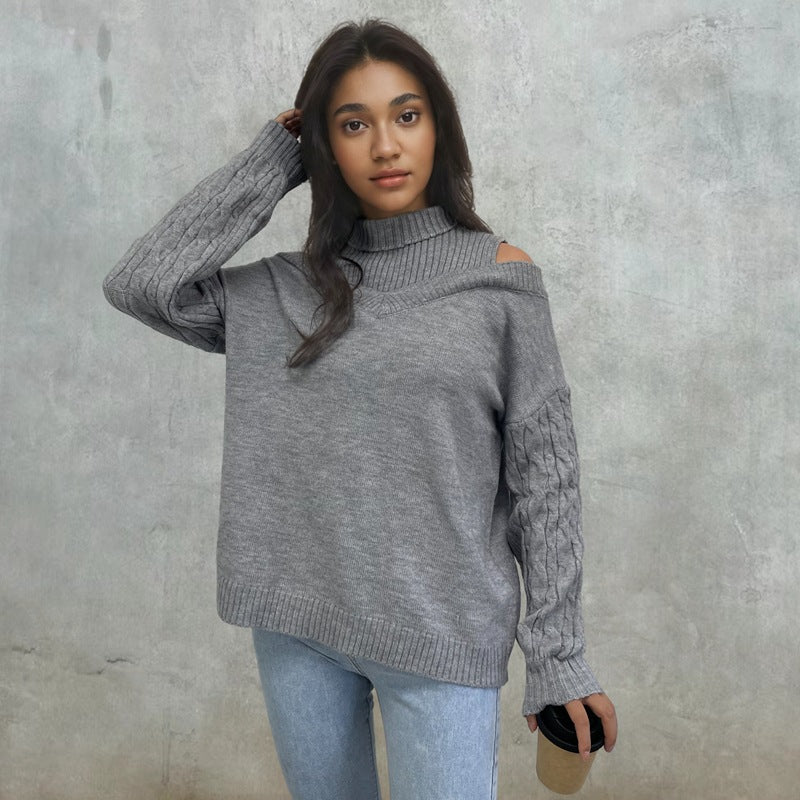 Damen Strickpullover mit offenem Schulterdesign und elegantem Stehkragen EB