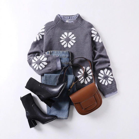 Damen Strickpullover mit floralem Motiv und modernem Rundhalsausschnitt EB