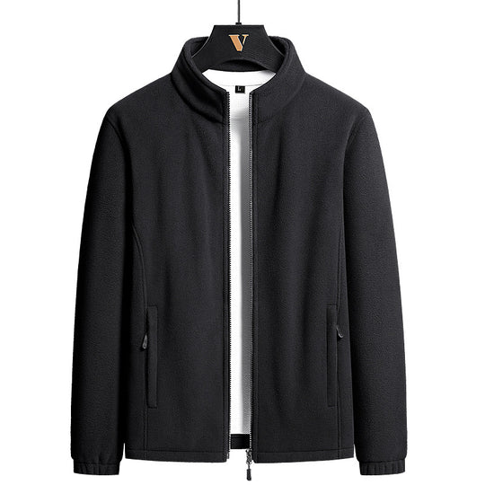 Herren minimalistischer Microfleece-Cardigan mit Stehkragen, Zwei-Wege-Reißverschluss und elastischen Bündchen EB