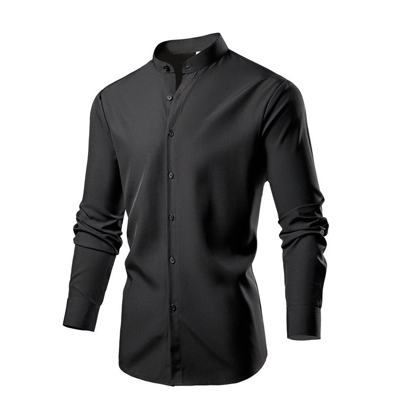 Herren elegantes Langarmhemd mit stehendem Kragen und modernen Knopfdetails EB