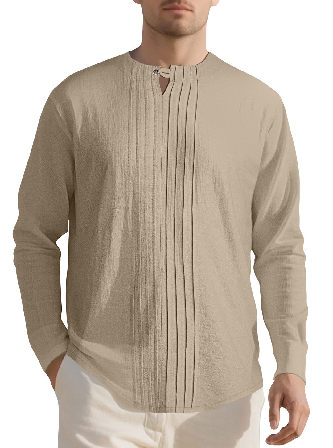 Herren Langarmshirt mit modischem Henley-Ausschnitt und Faltenstruktur EB