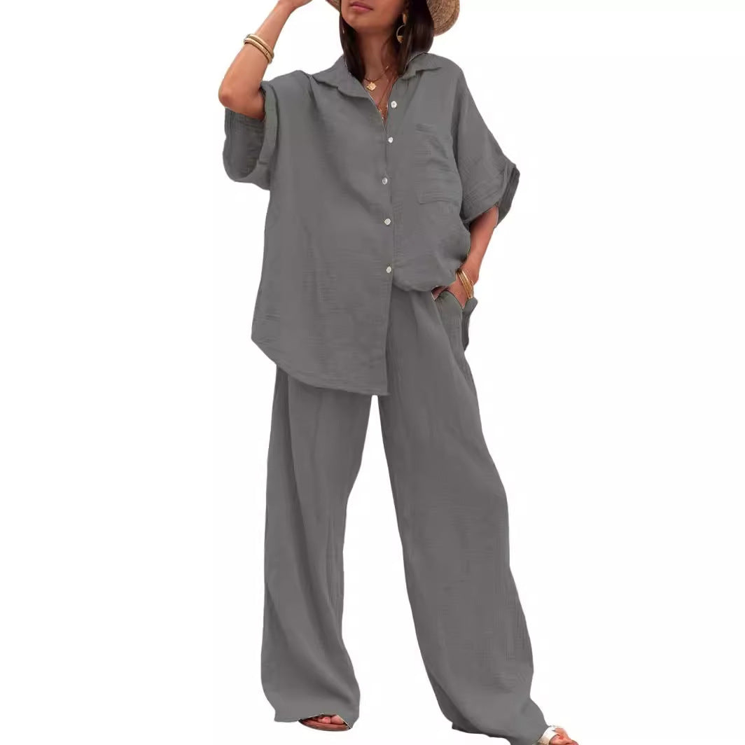 Damen Sommerliches Zweiteiler-Set mit übergroßem Hemd und weiter Hose EB