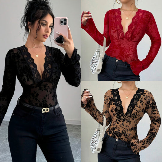 Damen Elegantes Spitzenoberteil mit tiefem V-Ausschnitt und Rüschendetails EB