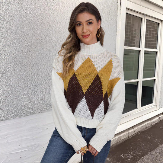 Damen modischer Strickpullover mit geometrischem Muster und hohem Kragen EB
