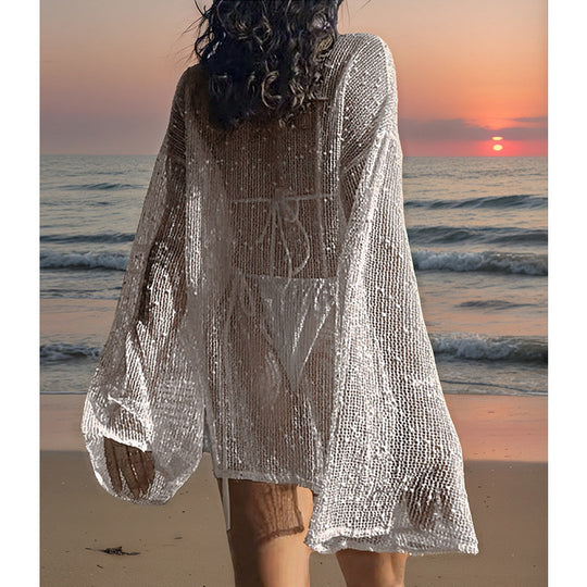 Damen transparenter Strandpullover mit modischem Netzdesign EB