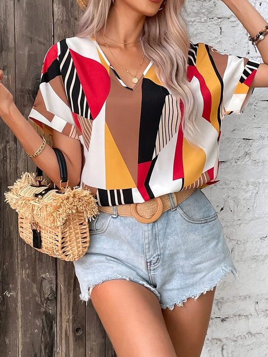 Damen V-Ausschnitt T-Shirt mit geometrischem Muster EB