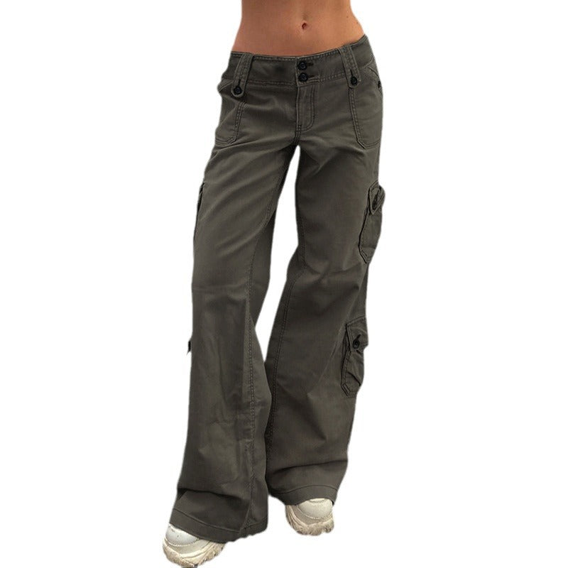 Damen nan hohe Taille Cargo-Hose mit geradem Bein, mehrfachen Klappentaschen und markanten Knopfdetails EB