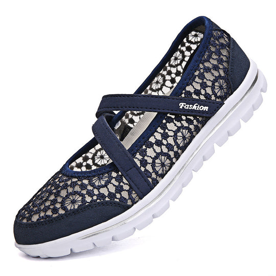 Damen Bequeme Ballerinas mit elastischen Riemen und atmungsaktiver Spitze EB