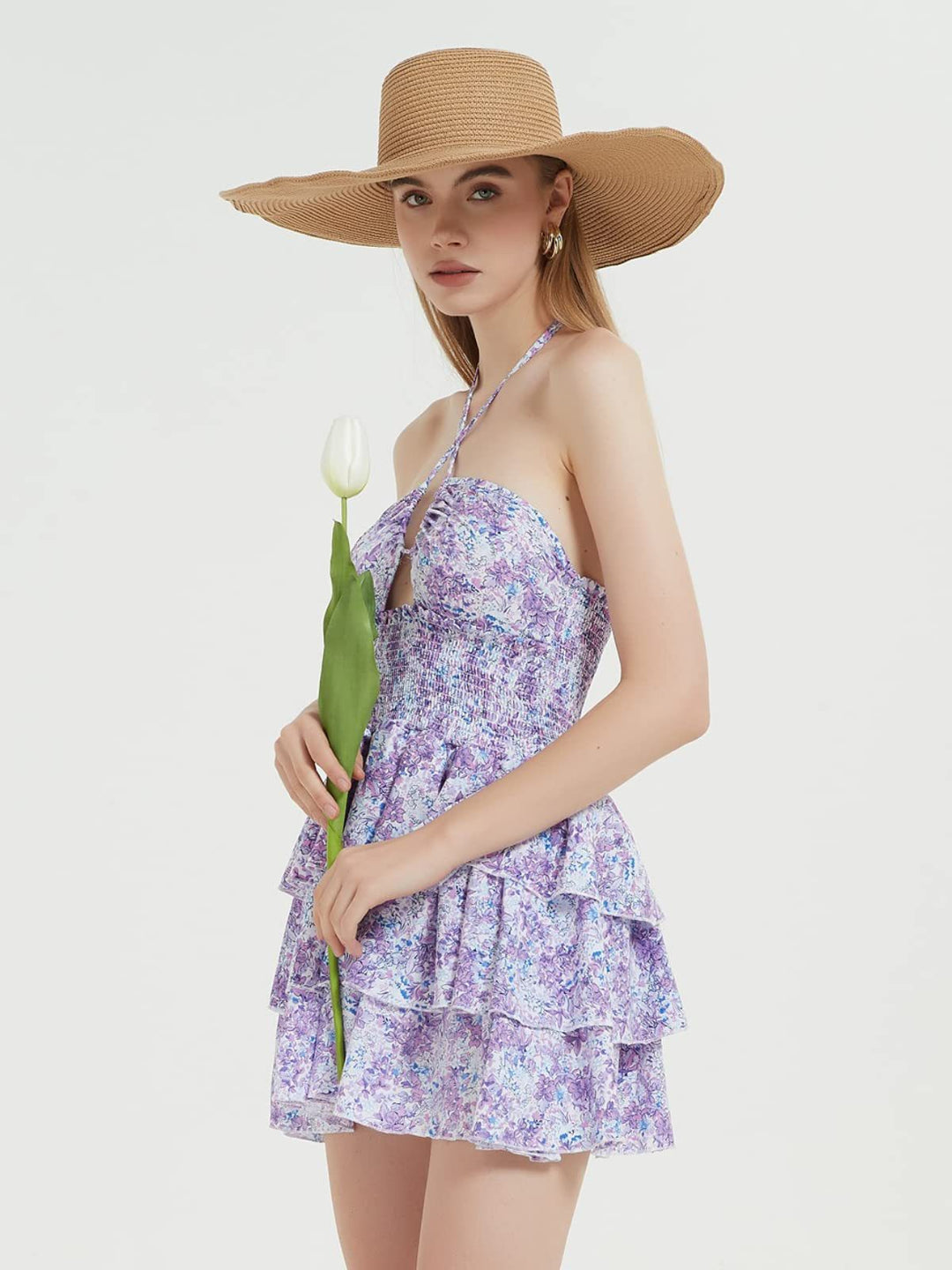 Damen Rüschenkleid mit trägerlosem Design und floralem Muster EB