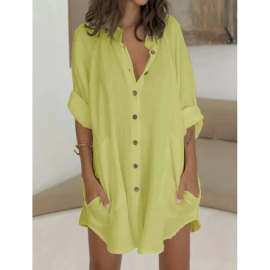 Damen Oversized Hemdblusenkleid mit praktischen Taschen und Knopfleiste EB