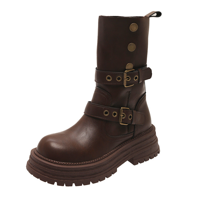 Damen Stiefeletten mit modischen Schnallen und robuster Plateausohle EB