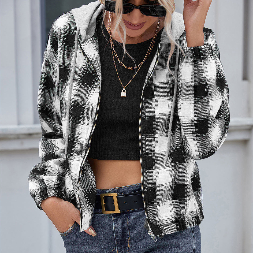Damen lässige Baumwolljacke mit Karomuster und Kapuze EB
