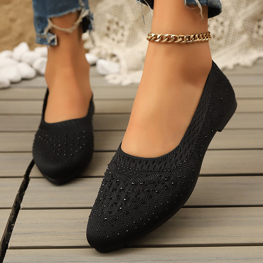 Damen elegante Ballerinas mit modischem Strass-Detail und atmungsaktiver Strickoberfläche EB