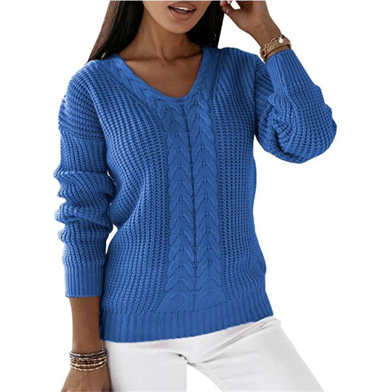 Damen nan grob gestrickter V-Ausschnitt Pullover mit Zopfmuster und lockerer Silhouette EB