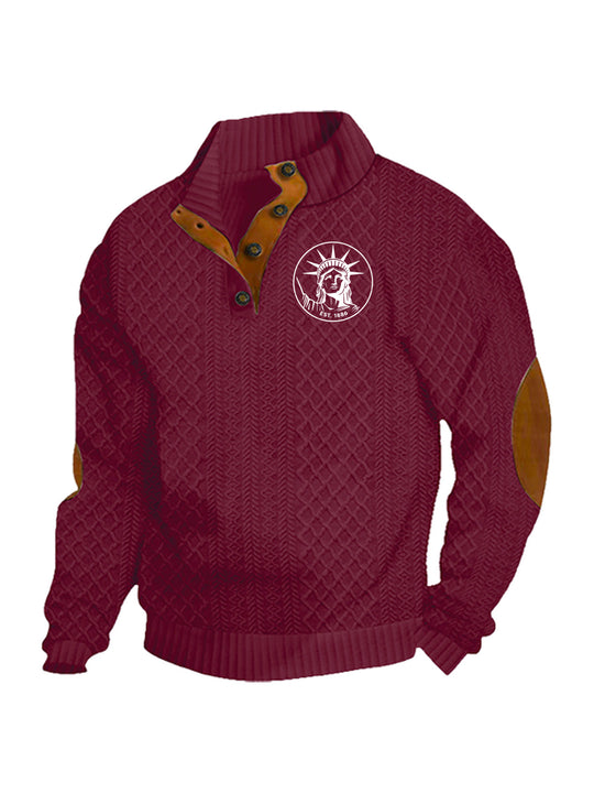 Herren nan Heritage-Strukturpullover mit Stehkragen Lederimitat-Besatz Ellenbogen-Patches und Halbknopfleiste EB