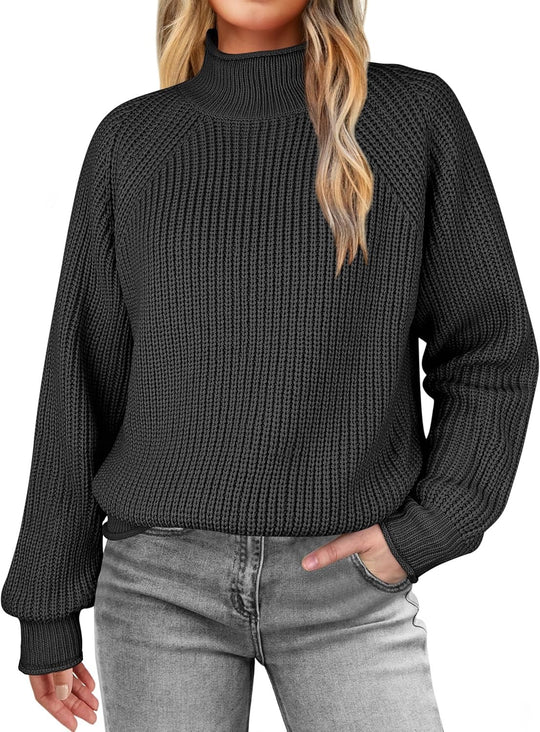Damen modischer Strickpullover mit hohem Kragen und strukturierter Oberfläche EB