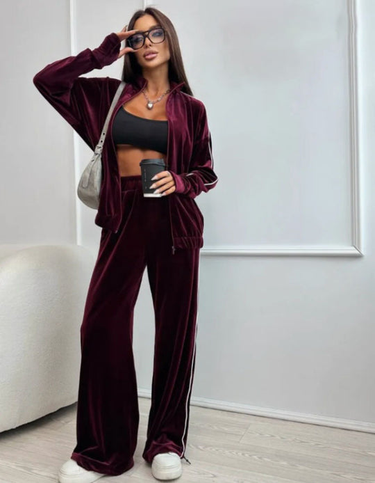Damen elegantes Velours-Loungewear-Set im sportlichen Design mit kontrastierenden Streifen EB